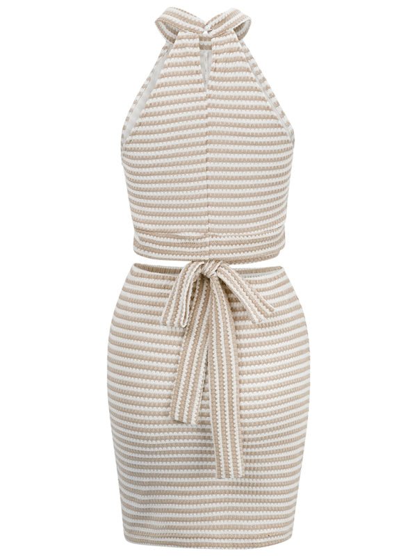 New solid color halter neck crop top strap suit skirt - Skirt Suit
